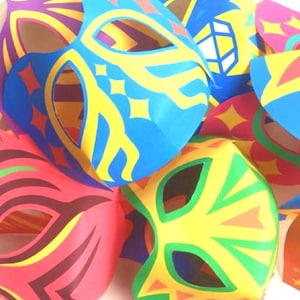 May include: A set of colorful paper masks with different designs. The masks are made of paper and have eye holes cut out. The masks are decorated with bright colors and patterns.
