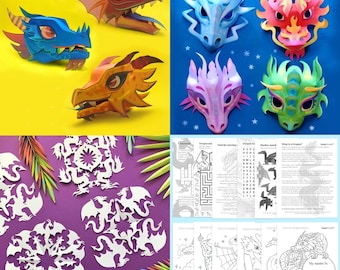 DIY Dragon Mask & Puppet Templates: Snowflake Cutouts, Color-In Worksheets (PDF Download)