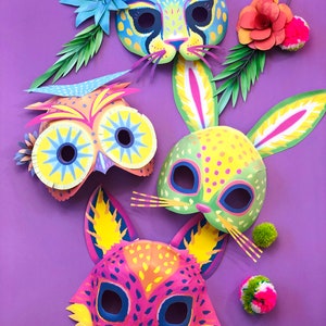 Printable paper Alebrije Owl mask: Fun animal mask designs coloring in black and white mask templates. Printout & make by Happythought. image 5