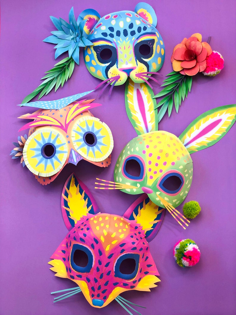 Printable paper Alebrije Owl mask: Fun animal mask designs coloring in black and white mask templates. Printout & make by Happythought. image 5
