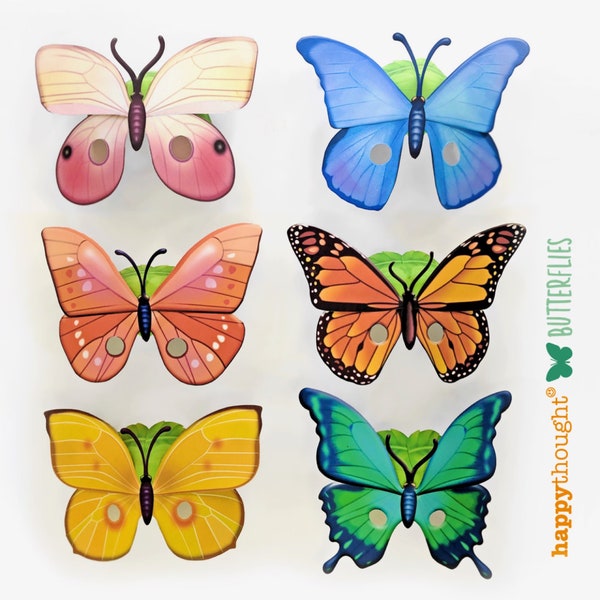 Printable paper Butterfly masks: 6 Butterfly mask designs + coloring in black and white mask templates to printout & make by Happythought.