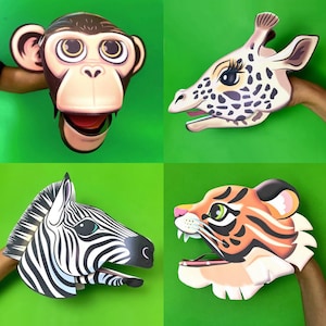 Wild Animal puppet craft activity kit. Download & make Monkey, Giraffe, Zebra, Tiger puppets. Plus fun Wild Animal color-in PDF worksheets