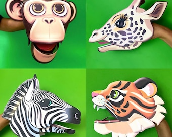 4 DIY Wild Animal Puppet Craft Kit: Monkey, Giraffe, Zebra, Tiger (PDF Worksheets)