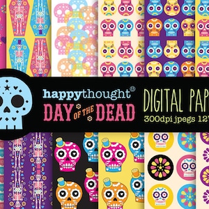 12 High resolution Day of the Dead digital scrapbooking papers + 10 Day of the Dead digital .png images. Instant download by Happythought.