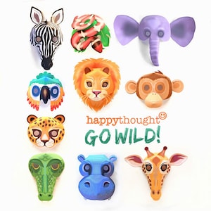 10 masques imprimables d'animaux sauvages : lion, hippopotame, éléphant, serpent, girafe, tigre, singe, léopard, crocodile + zèbre. Modèles par Happythought.