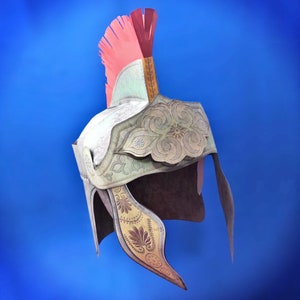 May include: A silver helmet with a red and gold plume and intricate floral designs. The helmet has a long, pointed visor and a curved back.