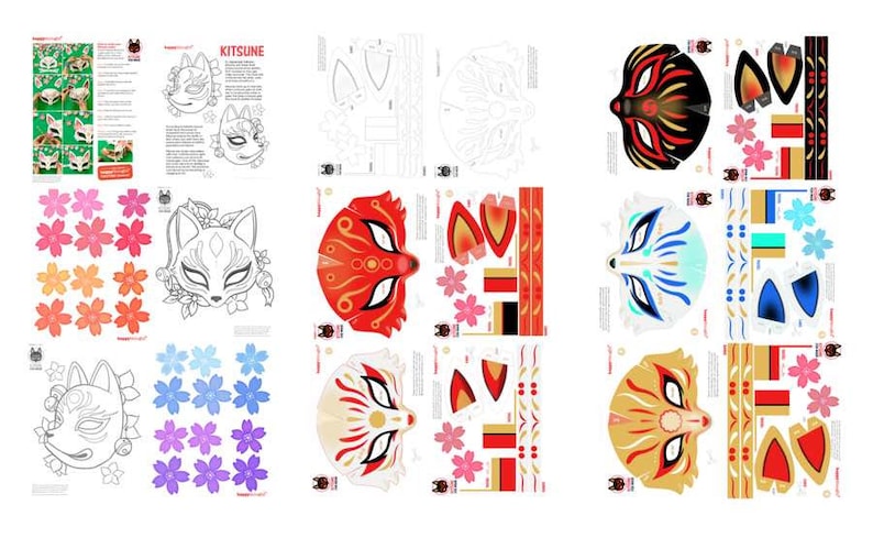 Puede incluir: Un kit de manualidades de papel imprimible para hacer una m&aacute;scara de kitsune. El kit incluye instrucciones, plantillas y elementos decorativos. La m&aacute;scara presenta una cara de zorro con ojos estilizados y un esquema de color rojo, blanco y negro.