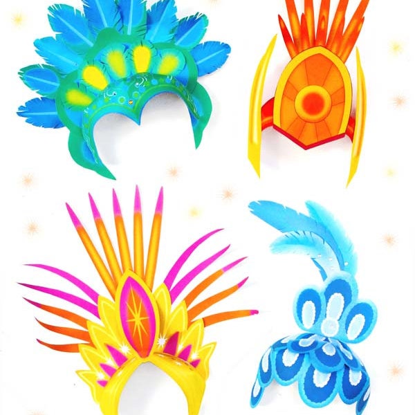 4 printable Carnival headpiece templates. Simple instructions to make at home – 4 bright and bold colors. Celebrate Carnival today!