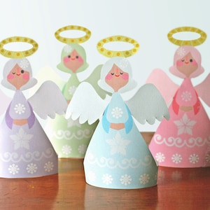 Gorgeous Christmas Angels, printable paper ornament kit. Instant download DIY template/pattern to print & make 4 angels  - by Happythought.