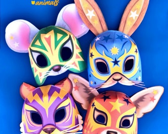 4 printable Animal Lucha Libre mask templates. Chihuahua, Rabbit, Tiger + Mouse mask templates. Print & make DIY templates by Happythought.