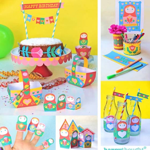 Russian Doll party printables to instantly download. 21 PDF party activities, decorations and ideas. Easy DIY templates by Happythought.