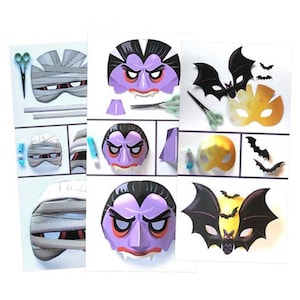 May include: Three printable Halloween mask templates. The masks are a vampire, a mummy, and a bat. The templates include instructions for cutting and assembling the masks.