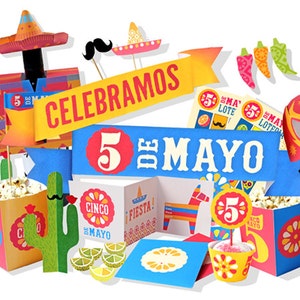 Mexico's Cinco de Mayo DIY printable party kit. Instantly download 21 PDF templates/patterns. Easy to assemble & make by Happythought. image 1