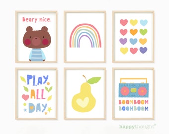 6 Nursery prints for kid's bedroom or playroom - bear, rainbow, heart, pear, boombox, play all day - instant digital download printable art