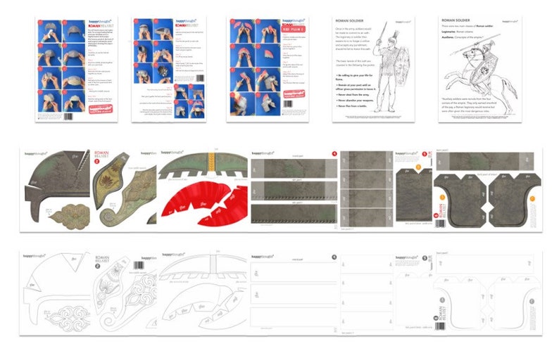 May include: Papercraft model kit of a Roman soldier on horseback. The kit includes instructions and templates for building the soldier, horse, and shield. The soldier is wearing a helmet, armor, and a sword. The horse is brown with a white mane and tail. The shield is round and has a red and white design.