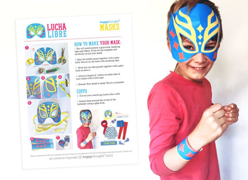 May include: A printable craft template for making a Lucha Libre wrestling mask. The template shows a blue, yellow, and red mask with instructions on how to assemble it. The text "LUCHA LIBRE" is at the top of the page.