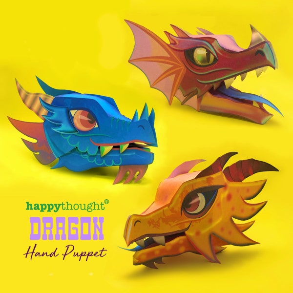 3 modèles bricolage imprimables de marionnettes à main Dragon DIY. Modèles d'artisanat de marionnettes à main Dragon faits maison. Téléchargez et créez des modèles par Happythought