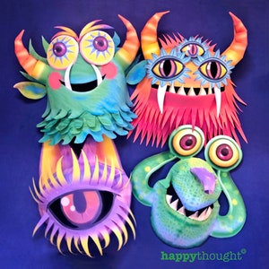 Printable Monster Mask templates: 4 full color Monster mask designs to print out & make by Happythought. Includes black + white versions too