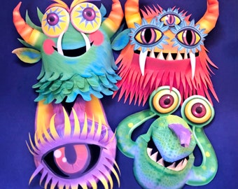 Printable Monster Mask templates: 4 full color Monster mask designs to print out & make by Happythought. Includes black + white versions too