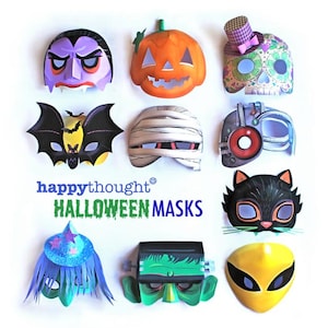 10 printable Halloween masks: Alien, Frankenstein, Cat, Witch, Mummy, Calavera, Pumpkin, Cyborg, Bat, Vampire. DIY templates by Happythought