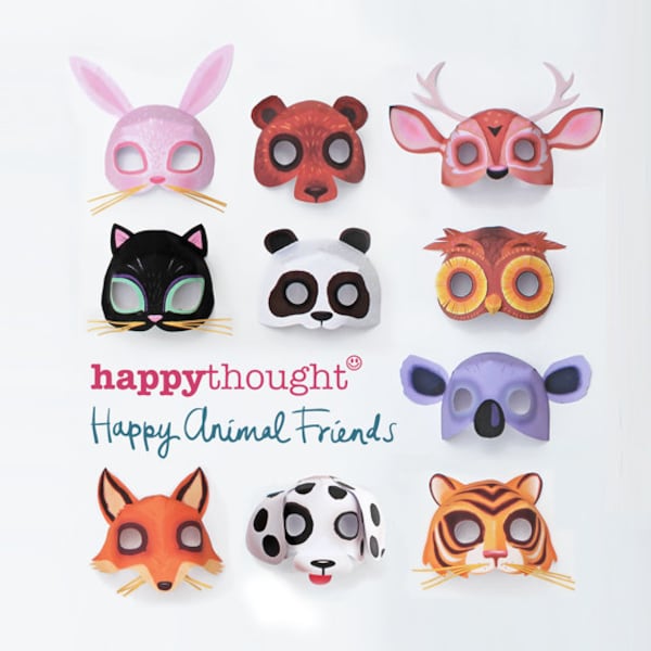 10 printable animal masks: Dog, Cat, Bear, Owl, Fox, Tiger, Deer, Rabbit, Koala and Panda. DIY templates to print & make by Happythought.