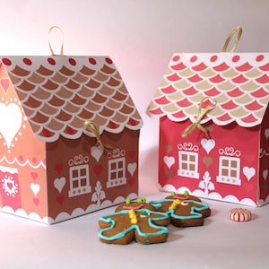 Lebkuchenhaus Keks Geschenkbox Druckbare Vorlagen, Sofort-Download DIY Vorlage/Muster zum Ausdrucken & Basteln von Geschenkboxen von Happythaught. Bild 1