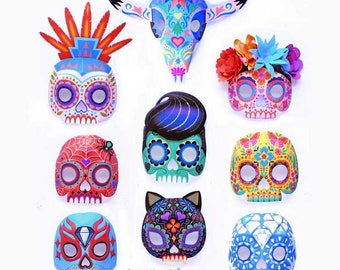 9 printable Calavera skull mask templates in full color, also includes black and white color-in masks to print & make for Day of the Dead.