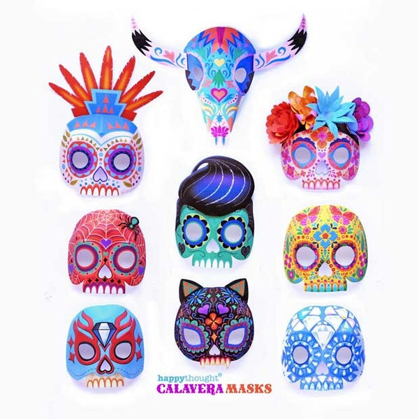 9 printable Calavera skull mask templates in full color, also includes black and white color-in masks to print & make for Day of the Dead.