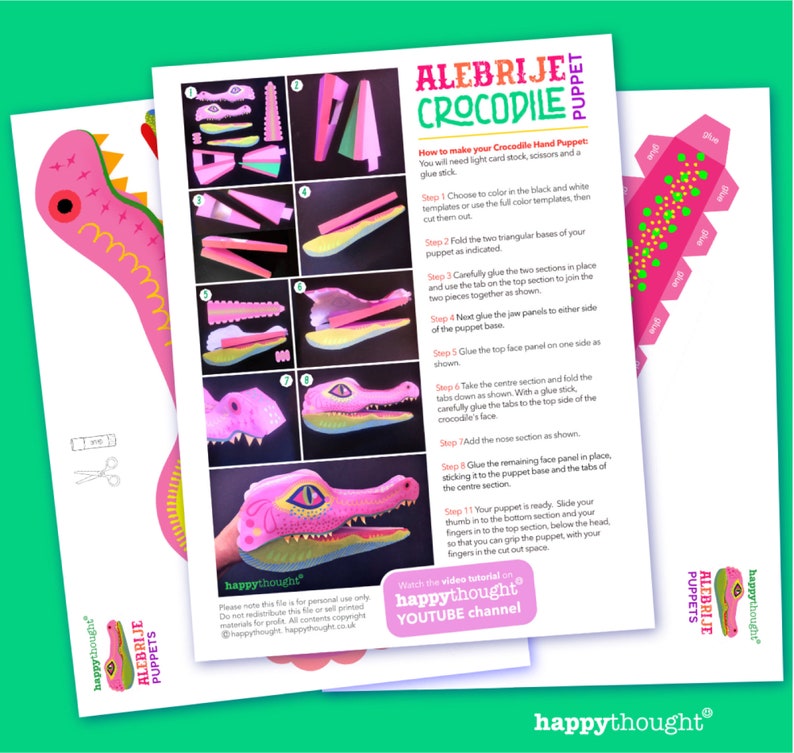 Printable DIY Alebrije crocodile hand puppet craft template and instructions. Homemade DIY crocodile paper puppet. Download & make PDF files image 3