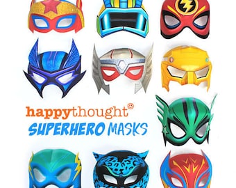 10 printable superhero masks: Includes 10 printable coloring in black and white superhero mask templates to printout & make by Happythought.