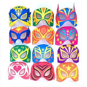 12 máscaras de Lucha Libre para imprimir, coloridas + 12 máscaras e punhos em preto e branco para colorir. Modelos "faça você mesmo" para imprimir e fazer pela Happythought.