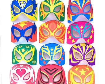 12 printable Lucha Libre masks, full color + 12 black and white masks and cuffs to color in. DIY templates to print & make by Happythought.