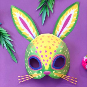 Printable paper Alebrije Rabbit mask: Fun animal mask designs + coloring in black and white mask templates. Printout & make by Happythought.