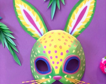 Printable paper Alebrije Rabbit mask: Fun animal mask designs + coloring in black and white mask templates. Printout & make by Happythought.