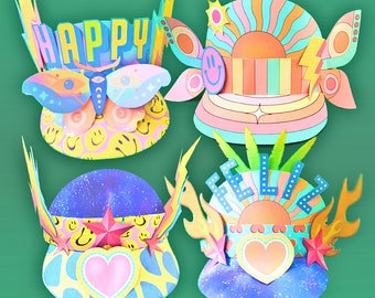 DIY paper party or festival hat templates. Printable pdf patterns, instructions, easy no-sew. Variety of Happythought designs & decorations.