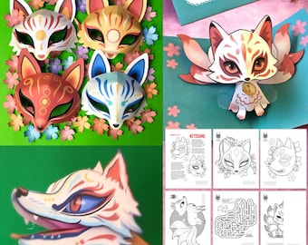 Kitsune Fox DIY Craft Kit: Masks, Puppets, Pop-Up Card (PDF Download)