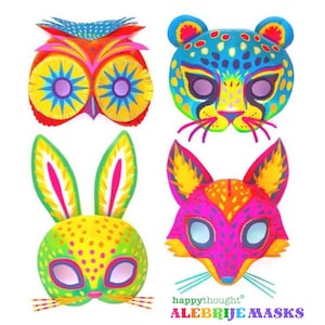 4 maschere Alebrije di carta stampabili: audaci disegni di maschere di animali + modelli di maschere da colorare in bianco e nero da stampare e realizzare, di Happythought.