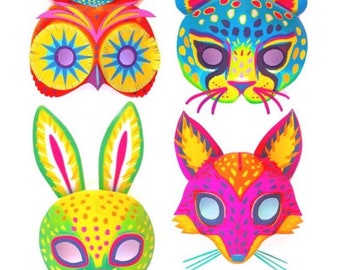 4 printable paper Alebrije masks: Bold animal mask designs + coloring in black and white mask templates to printout & make by Happythought.