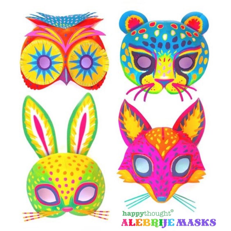 Printable paper Alebrije Owl mask: Fun animal mask designs coloring in black and white mask templates. Printout & make by Happythought. image 4