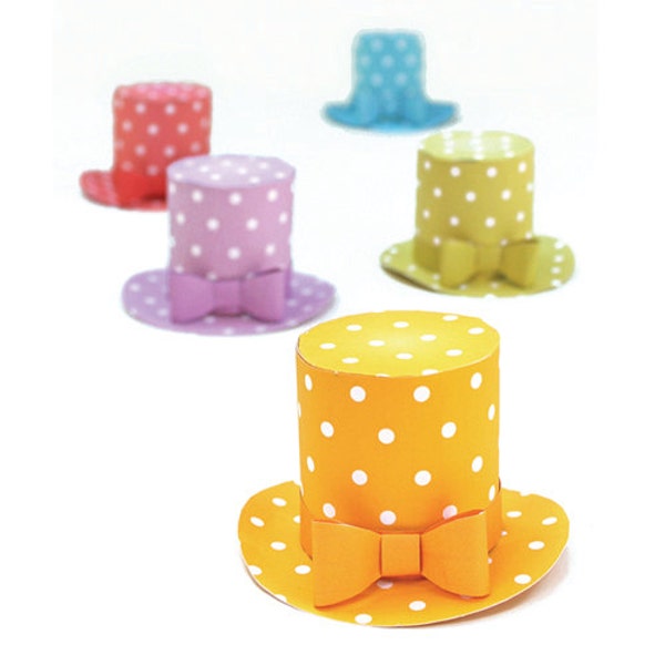 Polka dot mini top hat templates/patterns with an easy no-sew step by step instructions by Happythought.