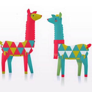 Lovely festive llamas, printable paper ornament kit. Download instantly this DIY template/pattern to print & make 3 llamas by Happythought. image 1