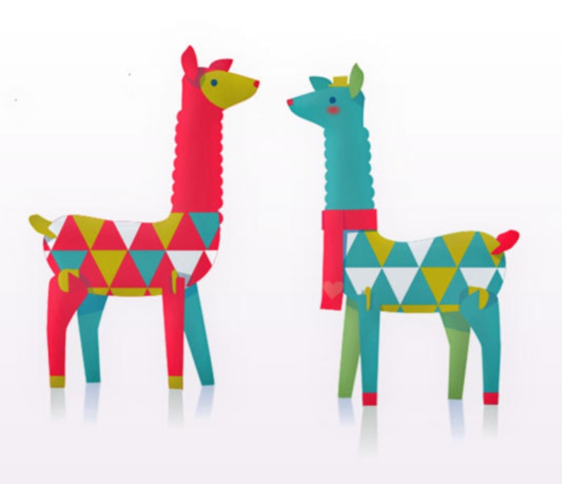 Lovely festive llamas, printable paper ornament kit. Download instantly this DIY template/pattern to print & make 3 llamas by Happythought. image 1