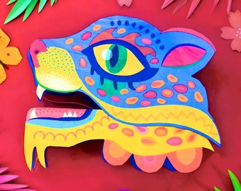 Printable DIY Alebrije jaguar hand puppet craft template and instructions. Homemade DIY jaguar paper puppet PDFs to download by Happythought
