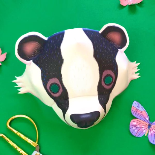 Dassenmasker sjabloon DIY geen naaimaskerpatroon. Maak direct een Badger-masker met onze eenvoudig te downloaden PDF-afdrukbare sjablonen van Happythought