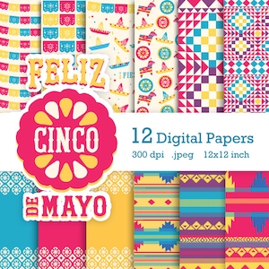 May include: Twelve digital papers with a Cinco de Mayo theme. The papers feature various patterns in red, yellow, blue, and white. The patterns include geometric shapes, stripes, and traditional Mexican designs. The text "Feliz Cinco de Mayo" is featured in a large, bold font.