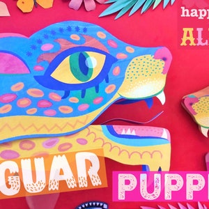 Printable DIY Alebrije jaguar hand puppet craft template and instructions. Homemade DIY jaguar paper puppet PDFs to download by Happythought image 4