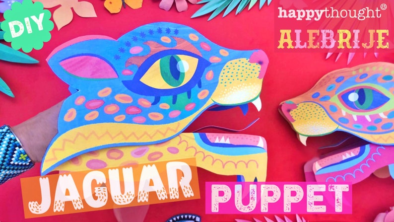 Printable DIY Alebrije jaguar hand puppet craft template and instructions. Homemade DIY jaguar paper puppet PDFs to download by Happythought image 4