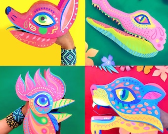 4 Printable DIY Alebrije animal hand puppet craft template + instructions. Homemade DIY animal paper puppet PDFs to download by Happythought