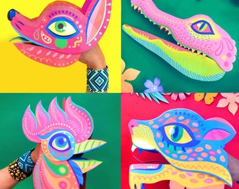 4 modelos de fantoches de mão de animais Alebrije para imprimir + instruções. PDFs de fantoches de papel de animais para baixar da Happythought.