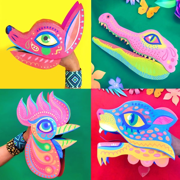 4 Printable DIY Alebrije animal hand puppet craft template + instructions. Homemade DIY animal paper puppet PDFs to download by Happythought
